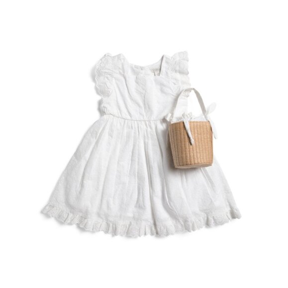 RACHEL ZOE Bright White Girls Flutter Sleeve Textured Floral Dress With Purse - Picture 1 of 2